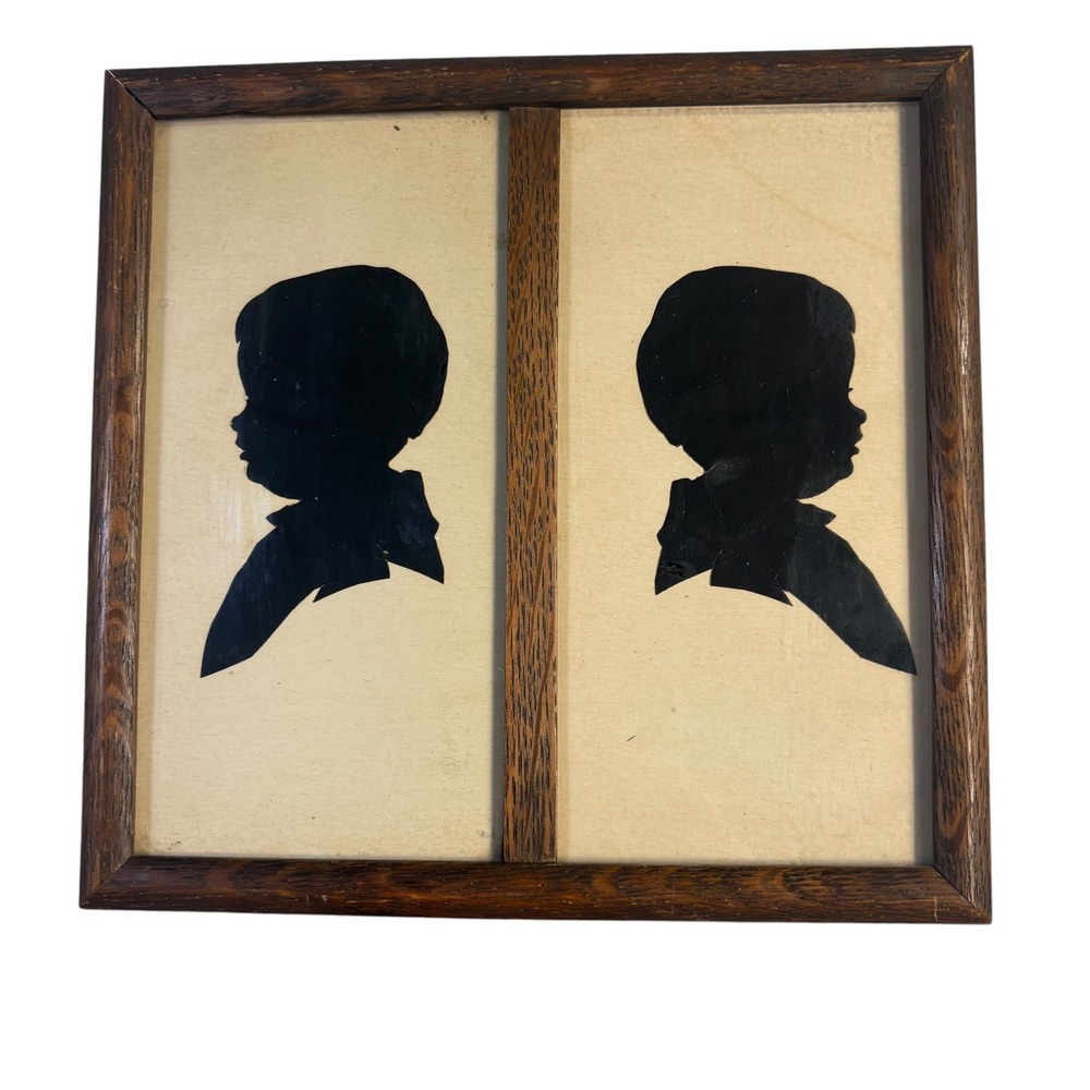 Vintage Double Boy Silhouette Art Hand Cut Profile Portraits Oak Wood Frame